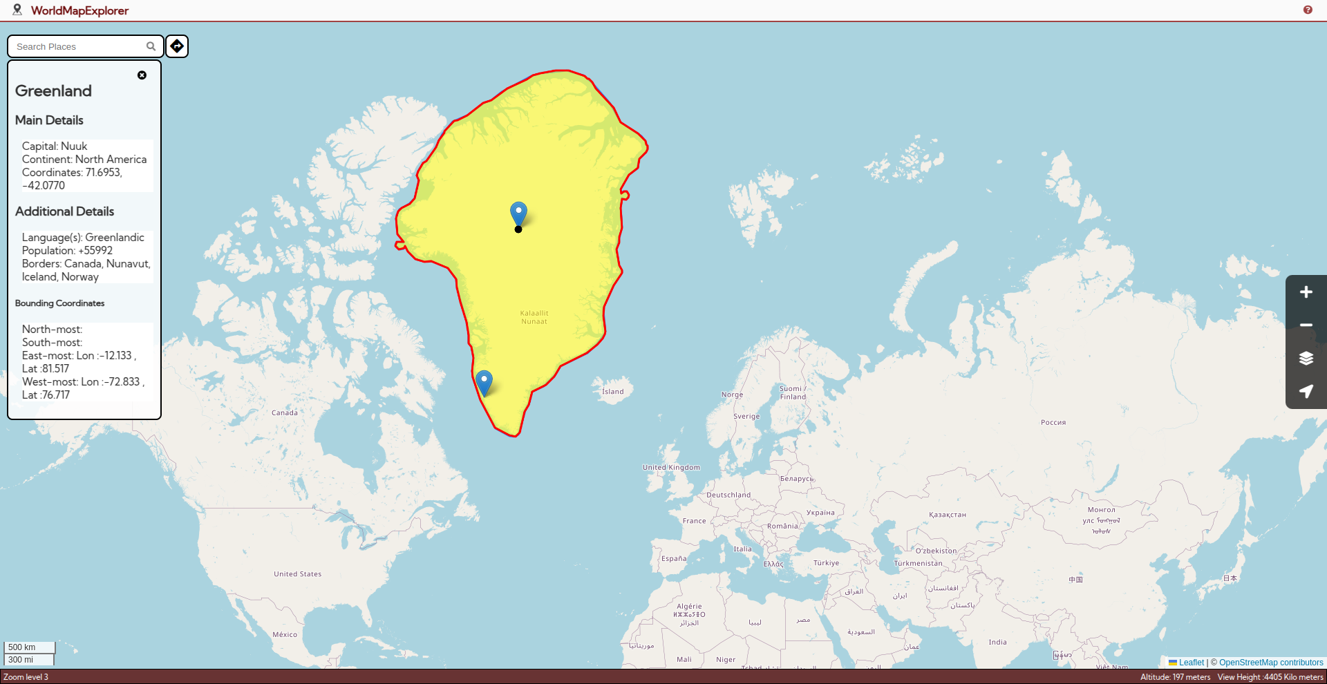 Image of Search results when searched for Greenland. The country is selected and the cursor is inside it's boundary.