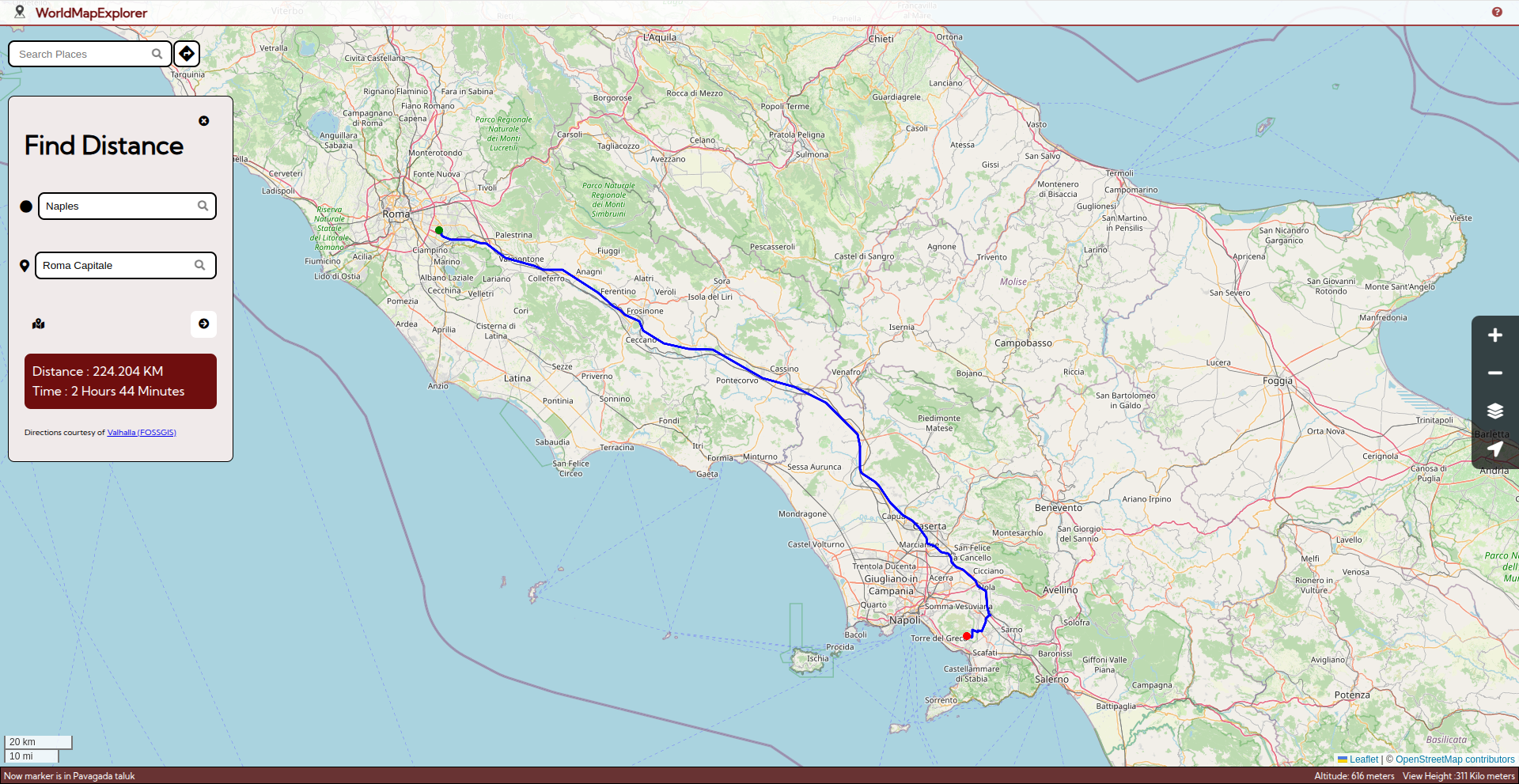 Image of rode route betwen Rome and Napoli which are places in Italy.